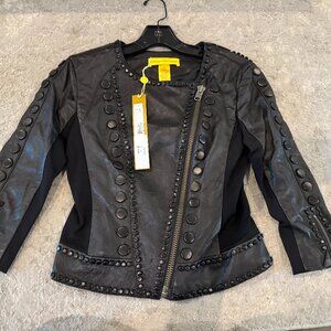 Catherine Malandrino 123JL03 Jacket Noir Cropped Lambskin Leather Black Stud NEW